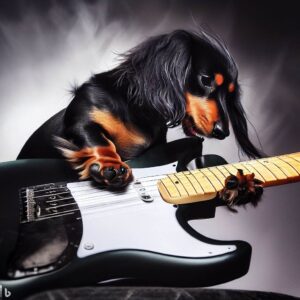 black-and-tan colored miniature dachshund play e-guitar