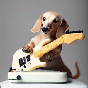 Cream colored miniature dachshund play e-guitar