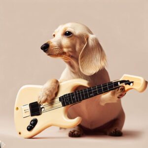 Cream colored miniature dachshund play e-guitar